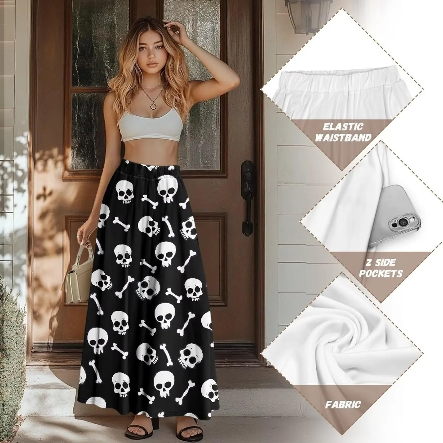 Women's Maxi High Waist Pleated Skirt Casual Long Skirts Flowy Swing Party Skirt with Pockets Ankle Length