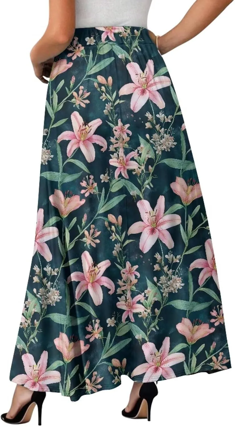 Women's Maxi High Waist Pleated Skirt Casual Long Skirts Flowy Swing Party Skirt with Pockets Ankle Length