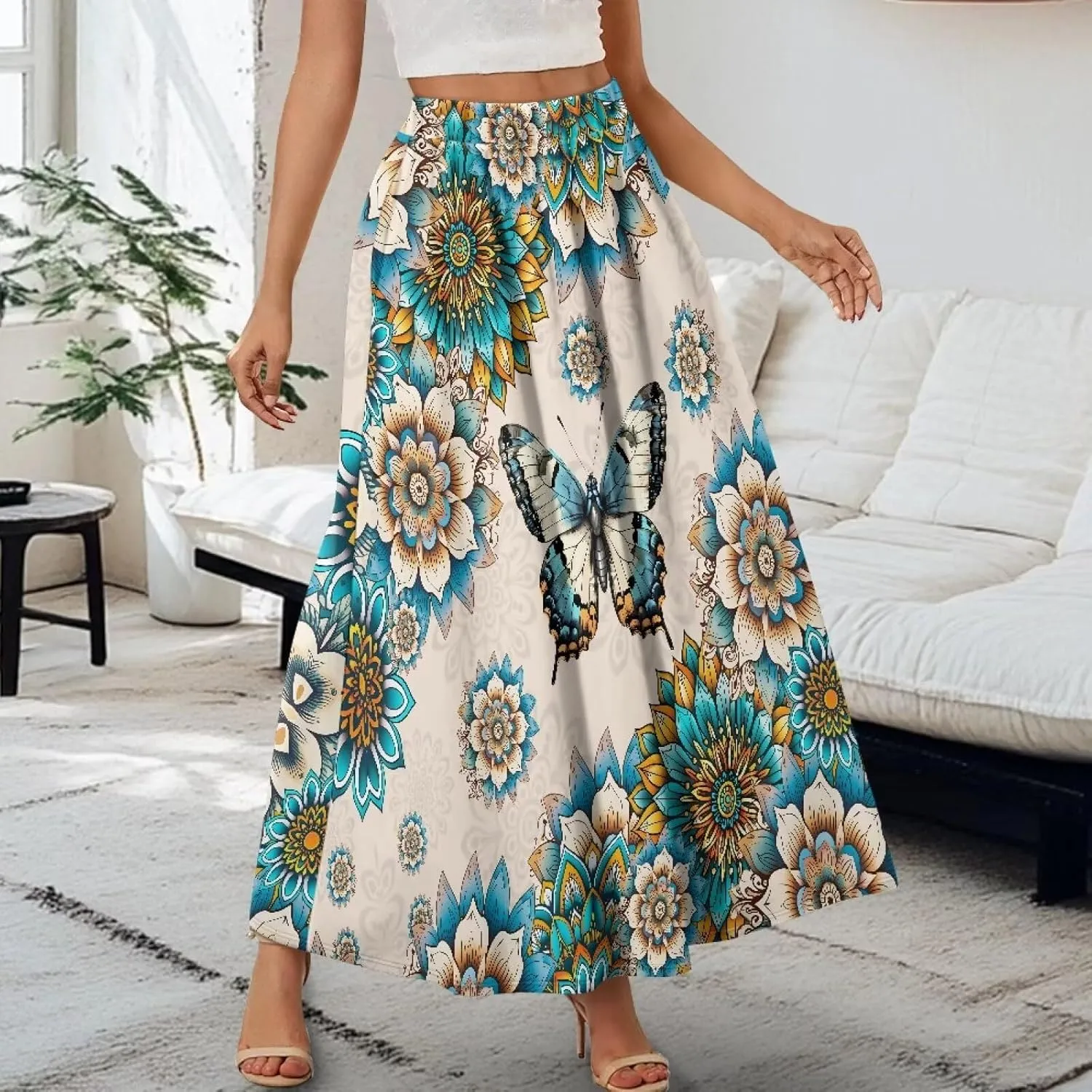 Women's Maxi High Waist Pleated Skirt Casual Long Skirts Flowy Swing Party Skirt with Pockets Ankle Length