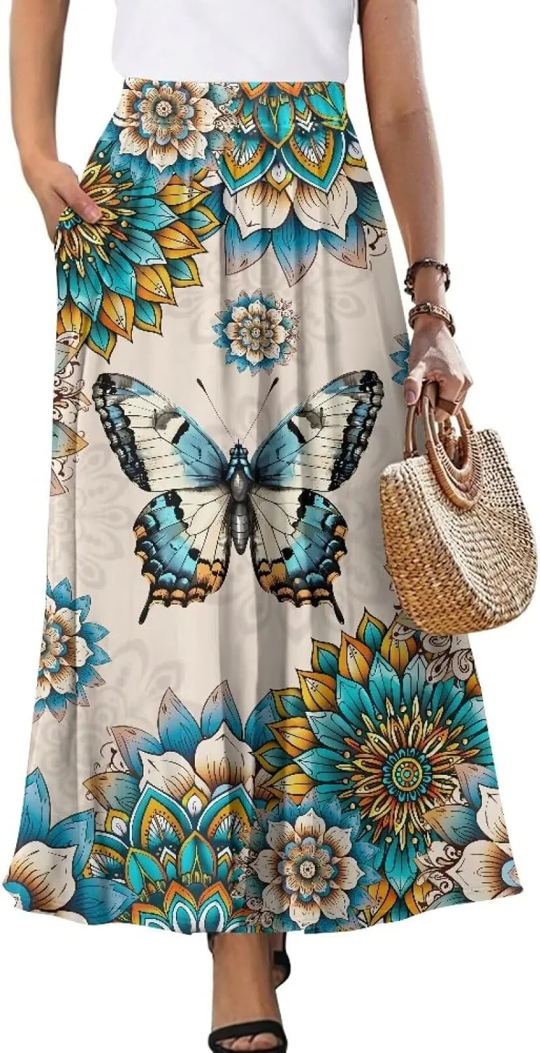 Women's Maxi High Waist Pleated Skirt Casual Long Skirts Flowy Swing Party Skirt with Pockets Ankle Length