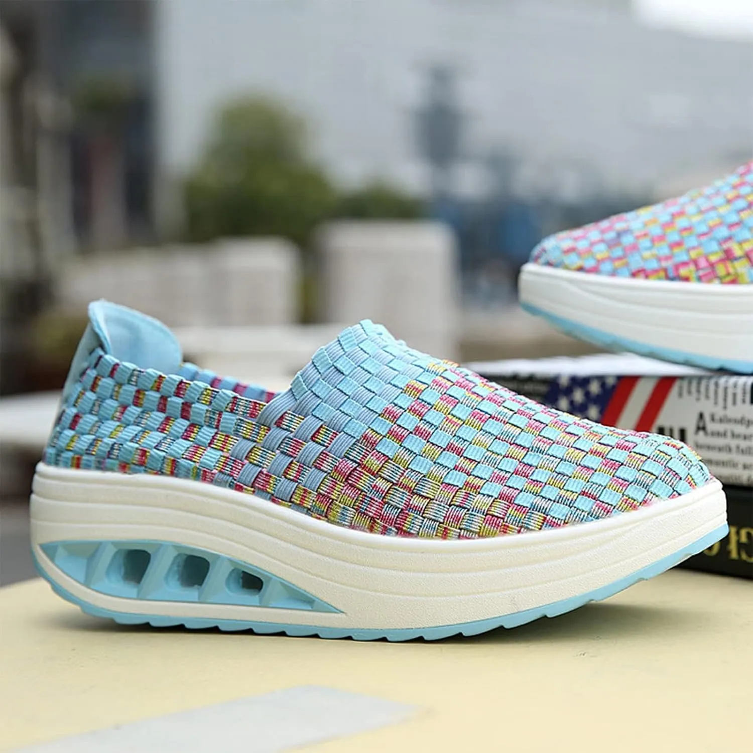 Women's Mesh Woven Breathable Slip On Orthopedic Walking Shoes,Fashion Wedge Platform Slip on Loafer Walking Shoes with Arch Support
