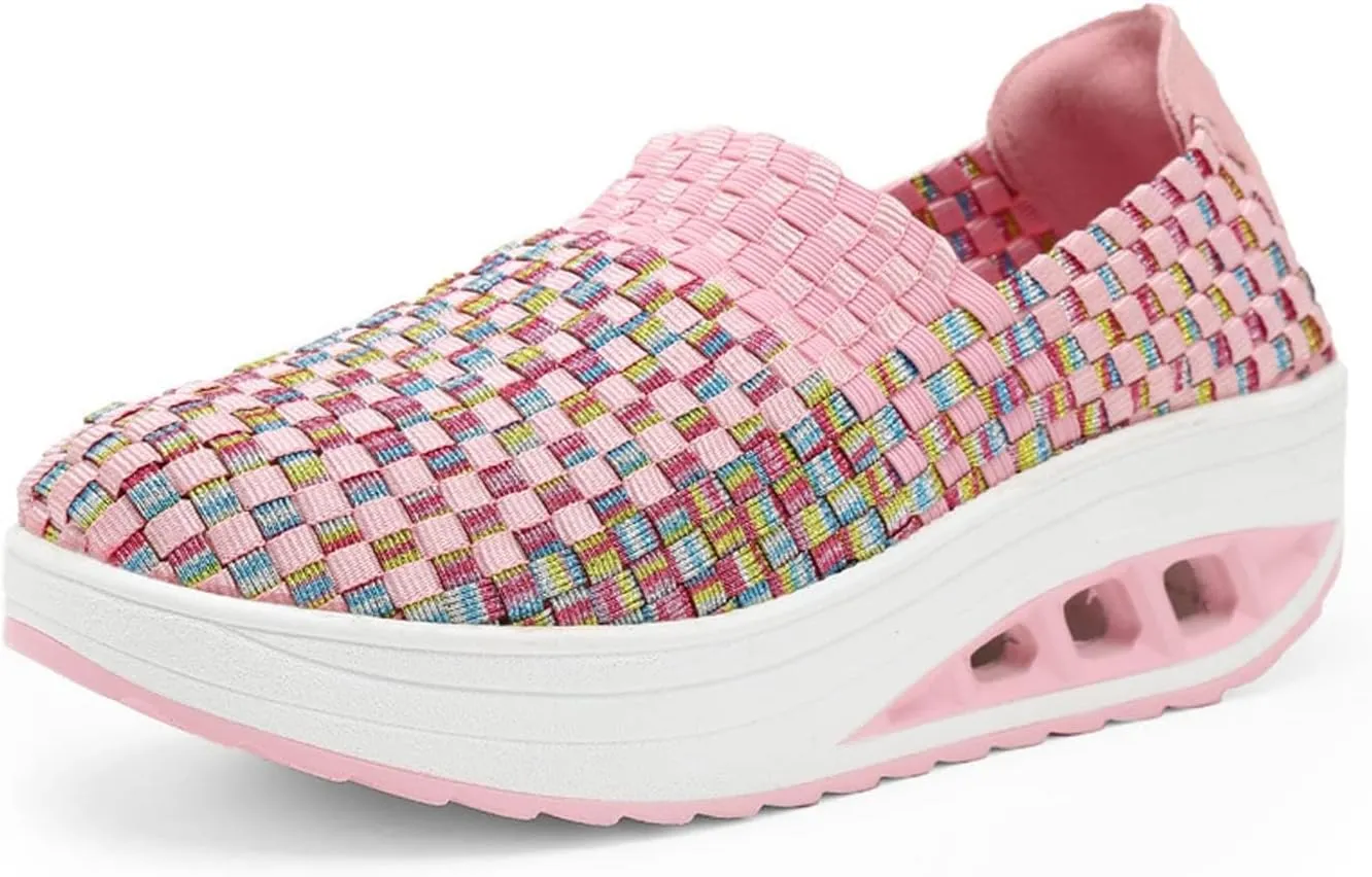 Women's Mesh Woven Breathable Slip On Orthopedic Walking Shoes,Fashion Wedge Platform Slip on Loafer Walking Shoes with Arch Support
