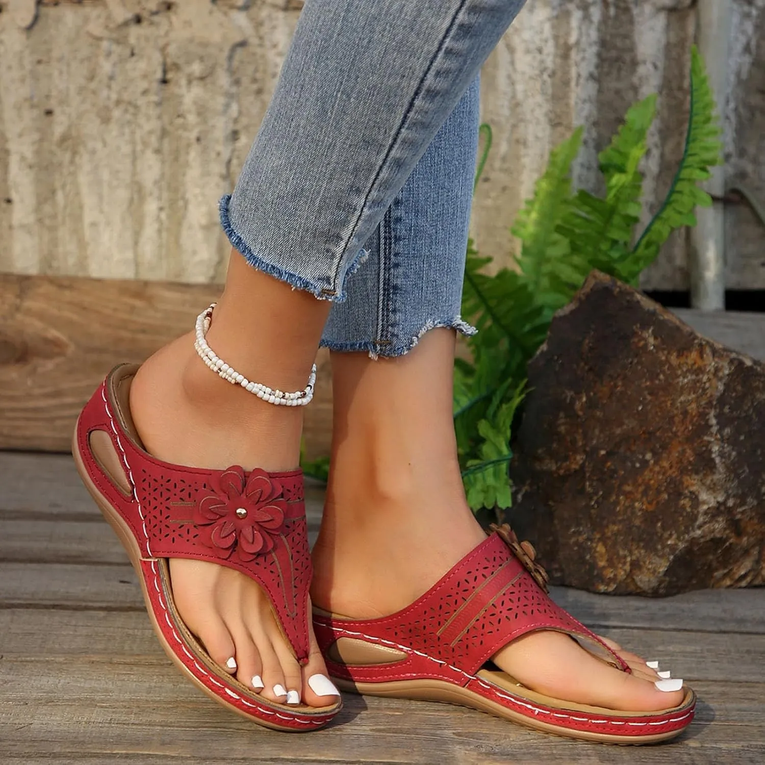 Women's Orthopedic Arch Support Sandals, Slip On Open Toe Low Wedge Platform Sandals Comfortable Non-Slip Flip Flops Summer Casual Shoe