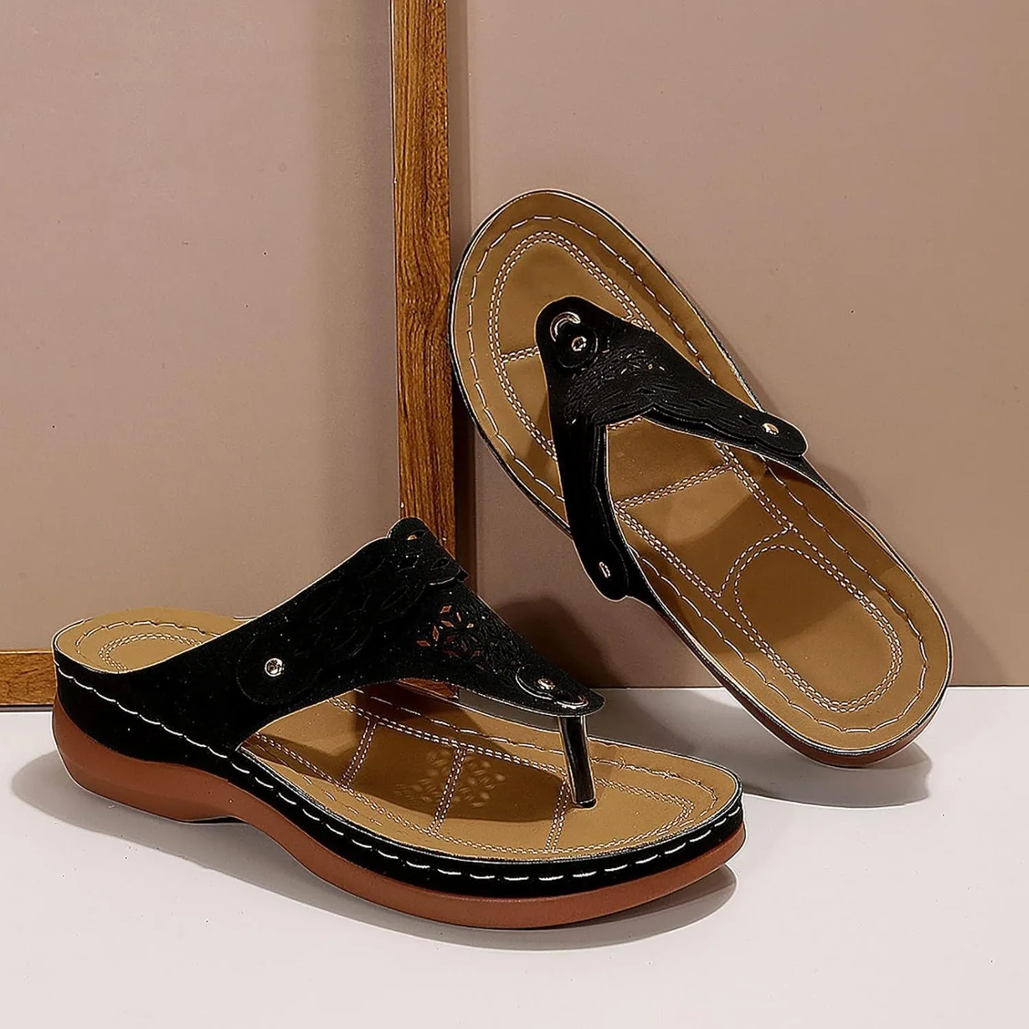 Women's Orthopedic Platform Wedge Sandals Comfortable Dressy Summer Casual Slip On Low Heels Flip Flops Comfortable Orthopedic Walking Slippers with Arch Support Dressy Trendy Lightweight Slipper