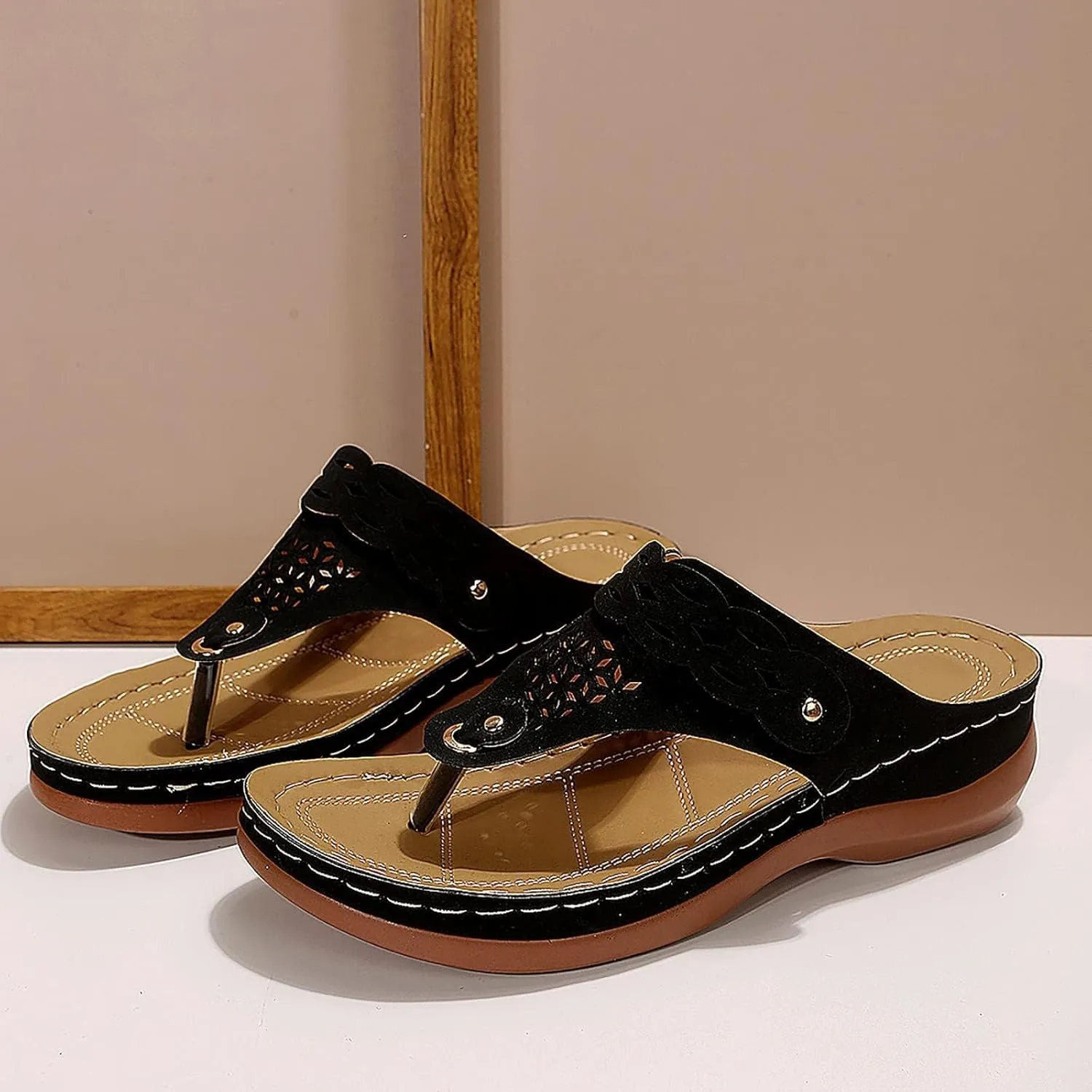 Women's Orthopedic Platform Wedge Sandals Comfortable Dressy Summer Casual Slip On Low Heels Flip Flops Comfortable Orthopedic Walking Slippers with Arch Support Dressy Trendy Lightweight Slipper