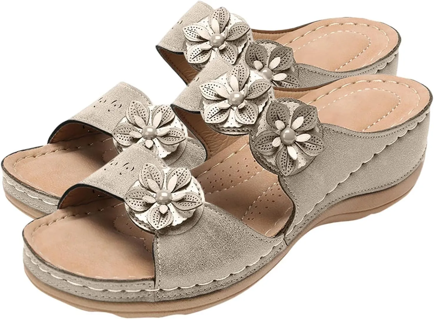 Women's Orthopedic Platform Wedge Sandals Summer Sandals for Women Casual Dressy Comfortable Slides with Flowers Slip On Lightweight Breathable Orthotic Slippers with Arch Support Going Out Outdoor