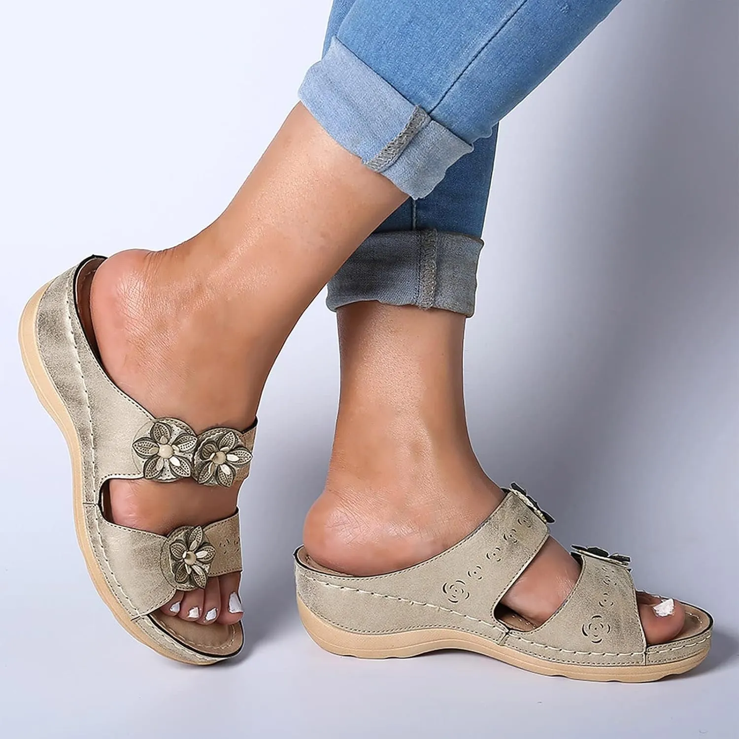 Women's Orthopedic Platform Wedge Sandals Summer Sandals for Women Casual Dressy Comfortable Slides with Flowers Slip On Lightweight Breathable Orthotic Slippers with Arch Support Going Out Outdoor