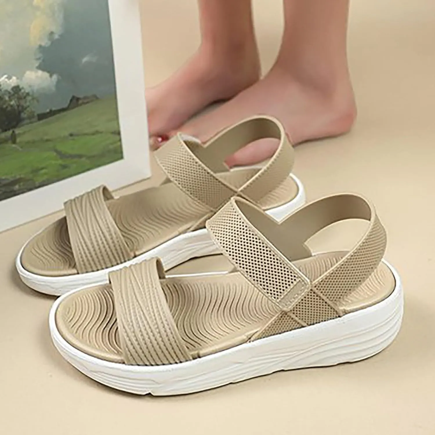 Women's Platform Slide Sandals with Elastic Strap Wide Width Lightweight Walking Sandals 2025 Summer Dressy Slip On Dress Shoes