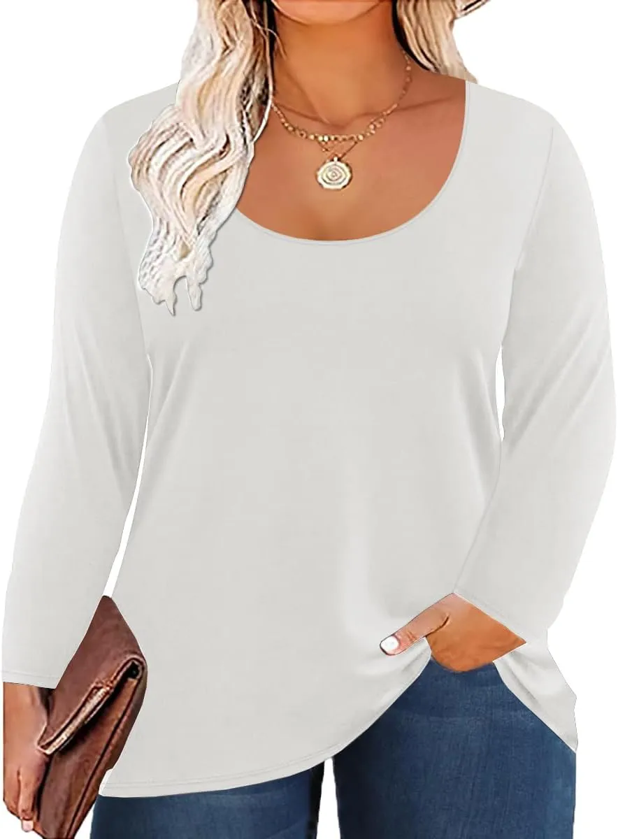 Women's Plus Size Long Sleeve U Neck Tunics Tops Casual Loose Fit T Shirt Blouse