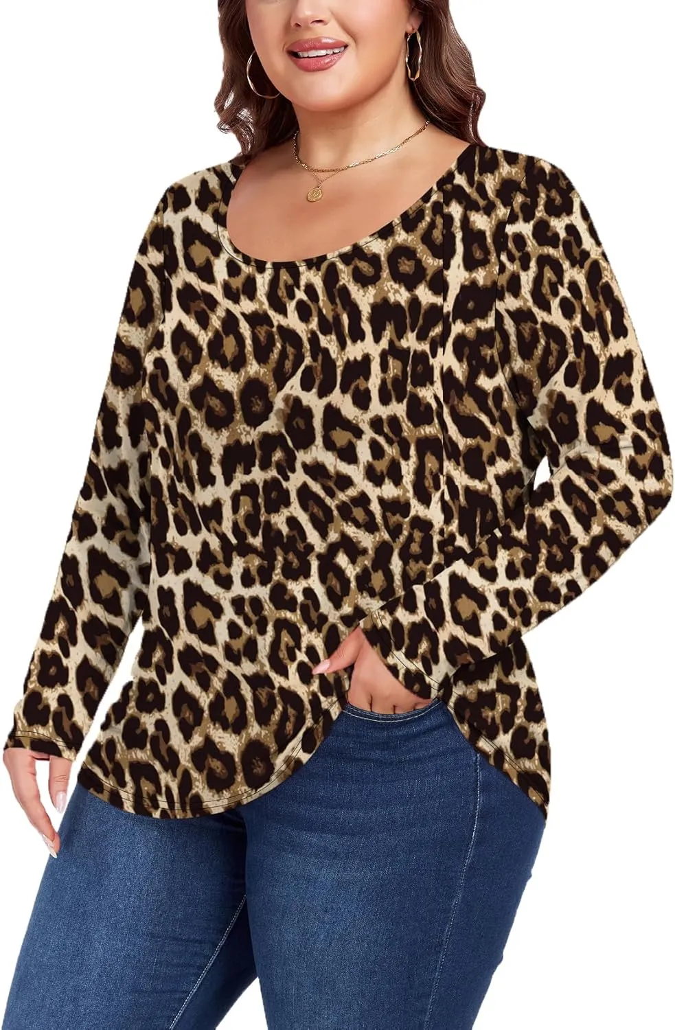 Women's Plus Size Long Sleeve U Neck Tunics Tops Casual Loose Fit T Shirt Blouse