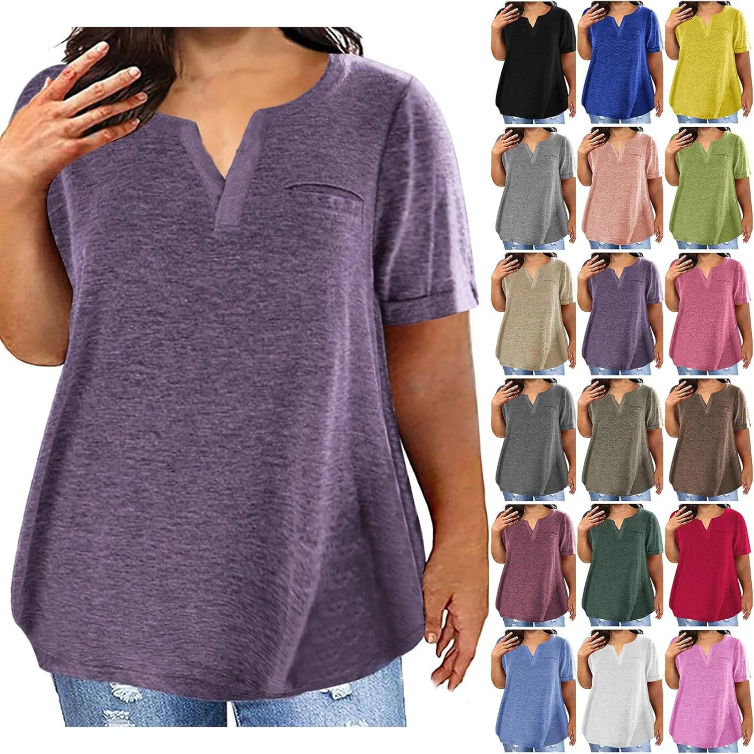 Women's Plus Size Tops Loose V-Neck Short Sleeve Blouse Solid Casual Loose Summer Shirt T-Shirts Basic Tunics