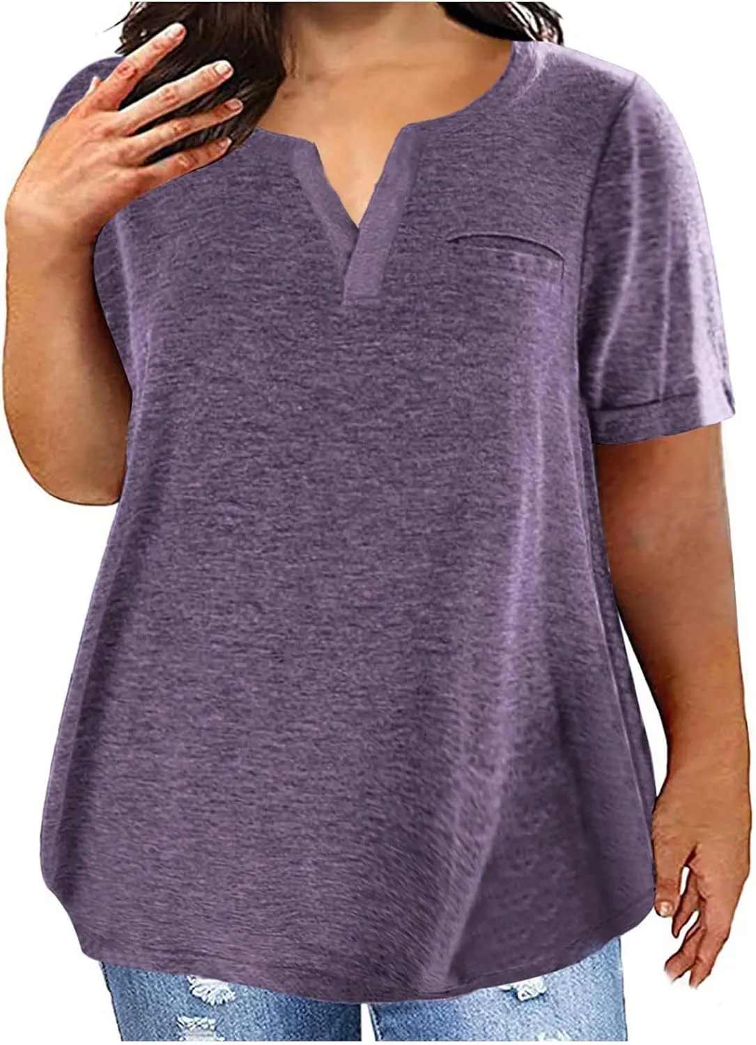 Women's Plus Size Tops Loose V-Neck Short Sleeve Blouse Solid Casual Loose Summer Shirt T-Shirts Basic Tunics