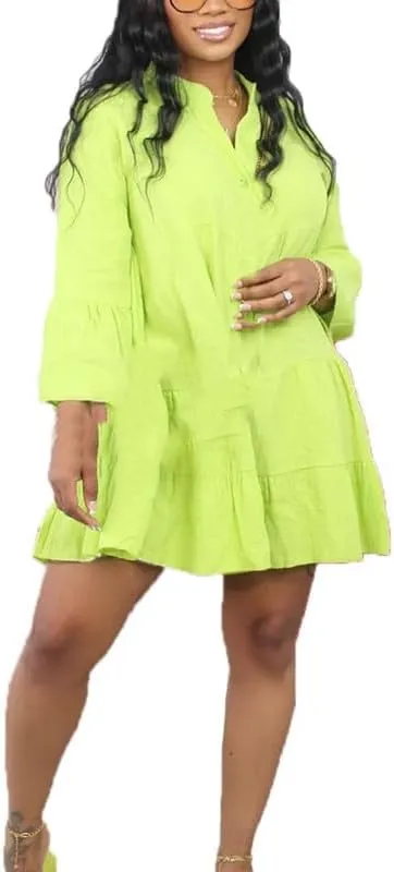Womens Ruffle Hem Babydoll Mini Dress Bell Long Sleeve A-Line Tiered Mini Dress