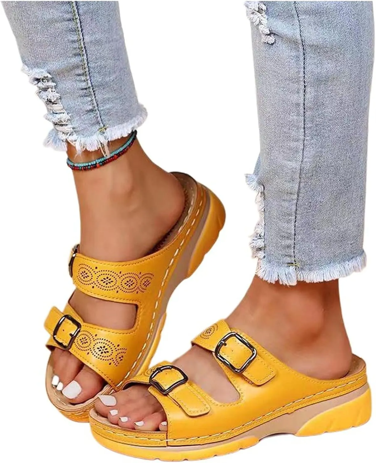 Womens Sandals Platform Slip On Slippers Two Strap Open Toed Lightweight Wedge Comfort Flat Slide Sandals Walking Shoes
