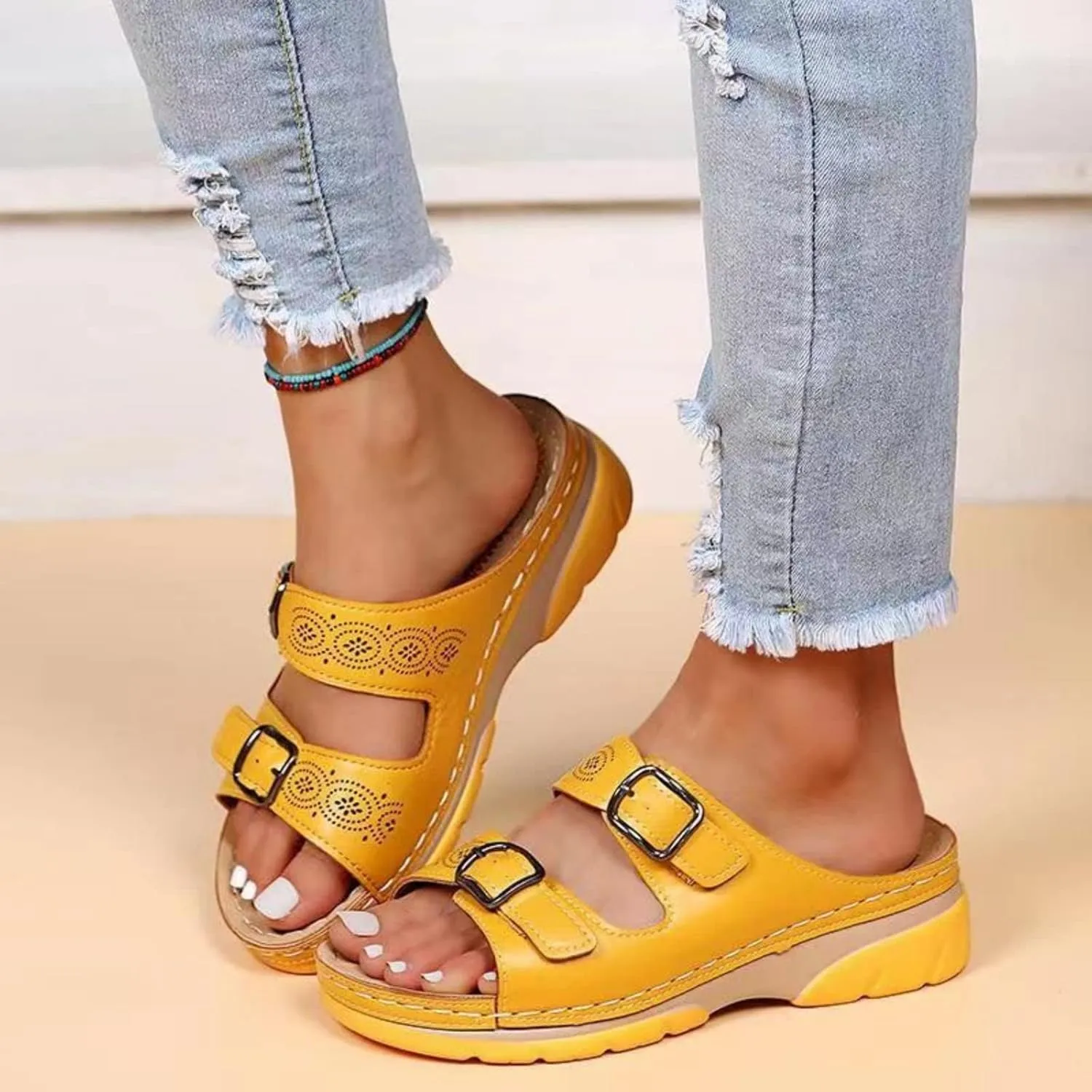 Womens Sandals Platform Slip On Slippers Two Strap Open Toed Lightweight Wedge Comfort Flat Slide Sandals Walking Shoes