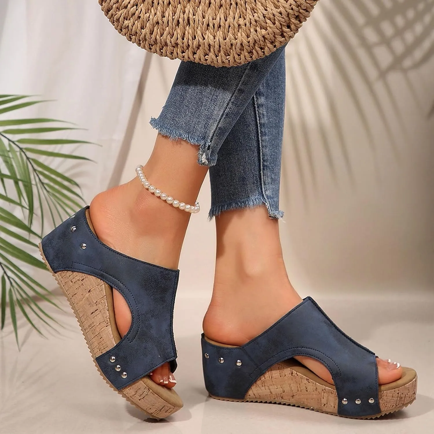 Women's Sandals Summer Beach Wedge Sandals Comfortable Platform Sandals Open Toe Buckle Ankle Strap Cork Shoes
