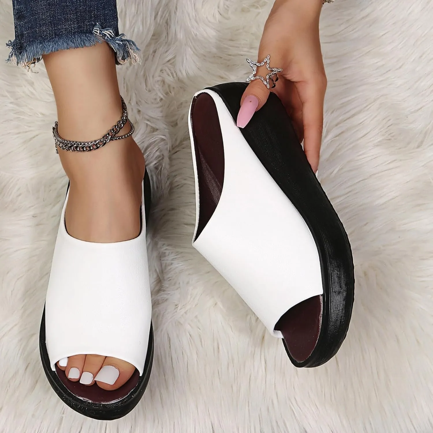 Women's Slip-On Platform Wedge High Heel Sandals Comfortable Soft Fashion Open Toe Slippers Casual Outdoor Shoes Orthopedic Summer Orthotic Leather Wedges Dressy Arch Support Slip New Slides