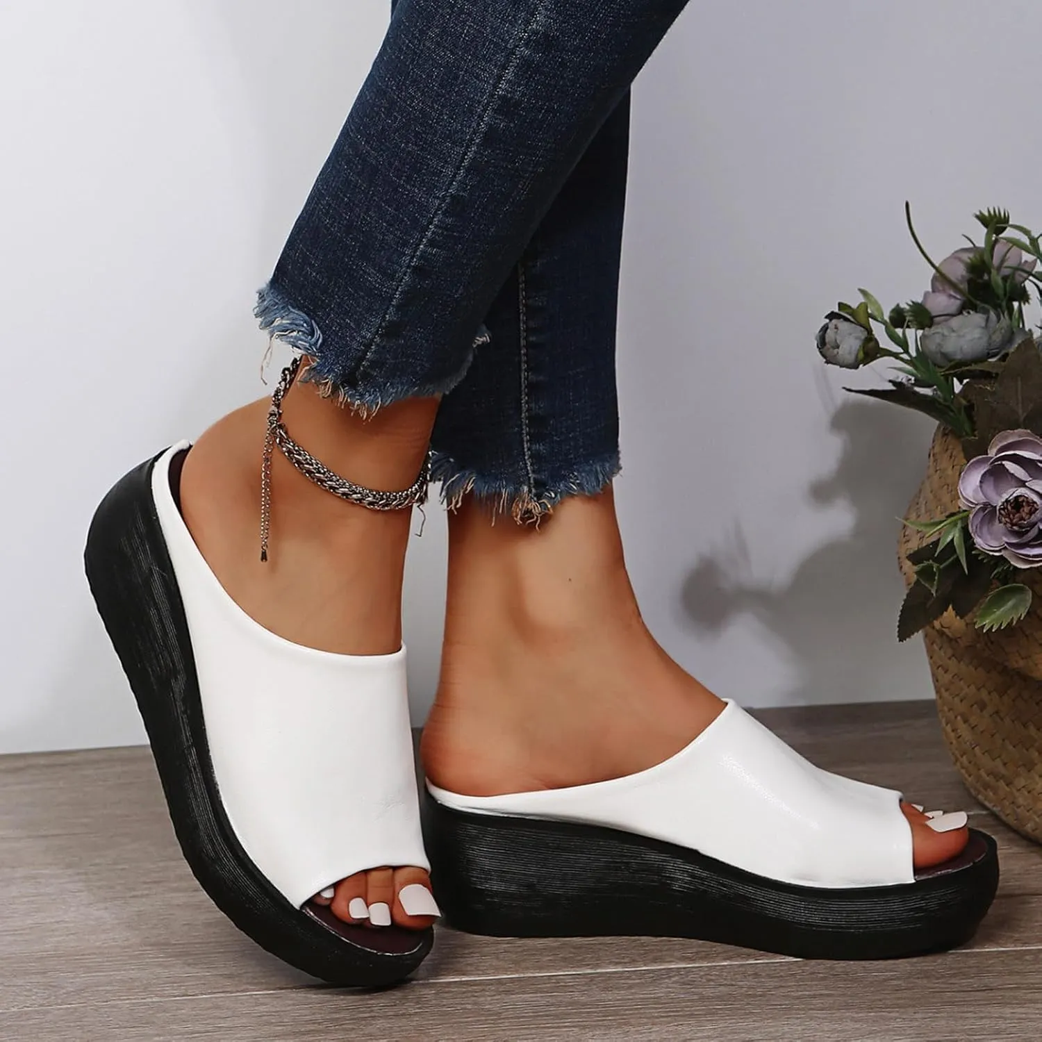 Women's Slip-On Platform Wedge High Heel Sandals Comfortable Soft Fashion Open Toe Slippers Casual Outdoor Shoes Orthopedic Summer Orthotic Leather Wedges Dressy Arch Support Slip New Slides