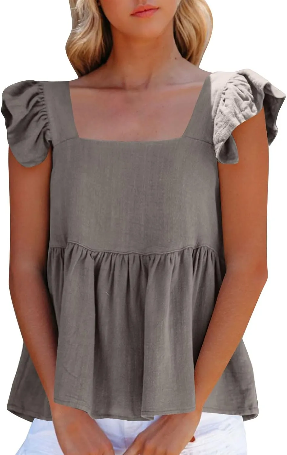 Women's Smocked Peplum Tops Solid Color Cute Square Neck Ruffle Sleeveless Shirts Casual Fashion Loose Fit Blouse