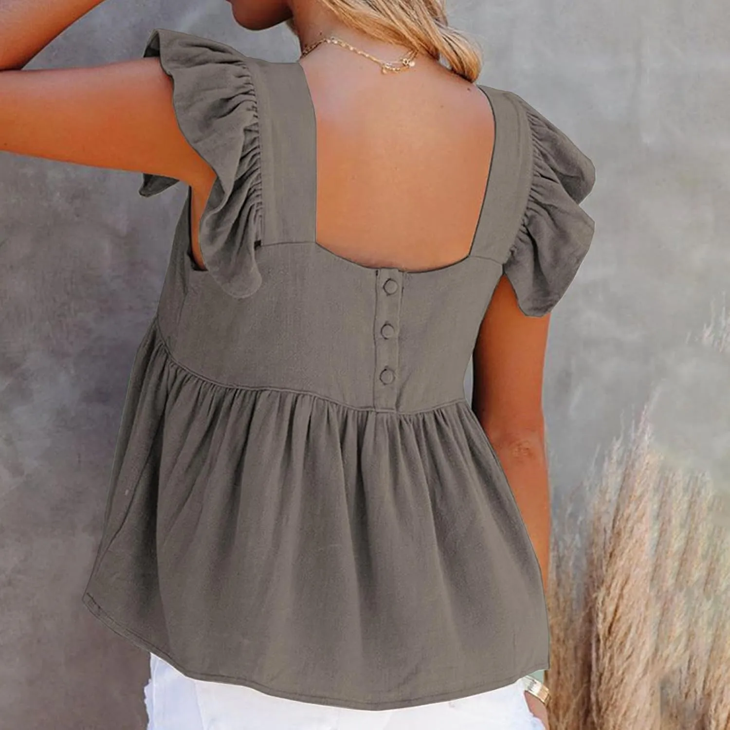 Women's Smocked Peplum Tops Solid Color Cute Square Neck Ruffle Sleeveless Shirts Casual Fashion Loose Fit Blouse