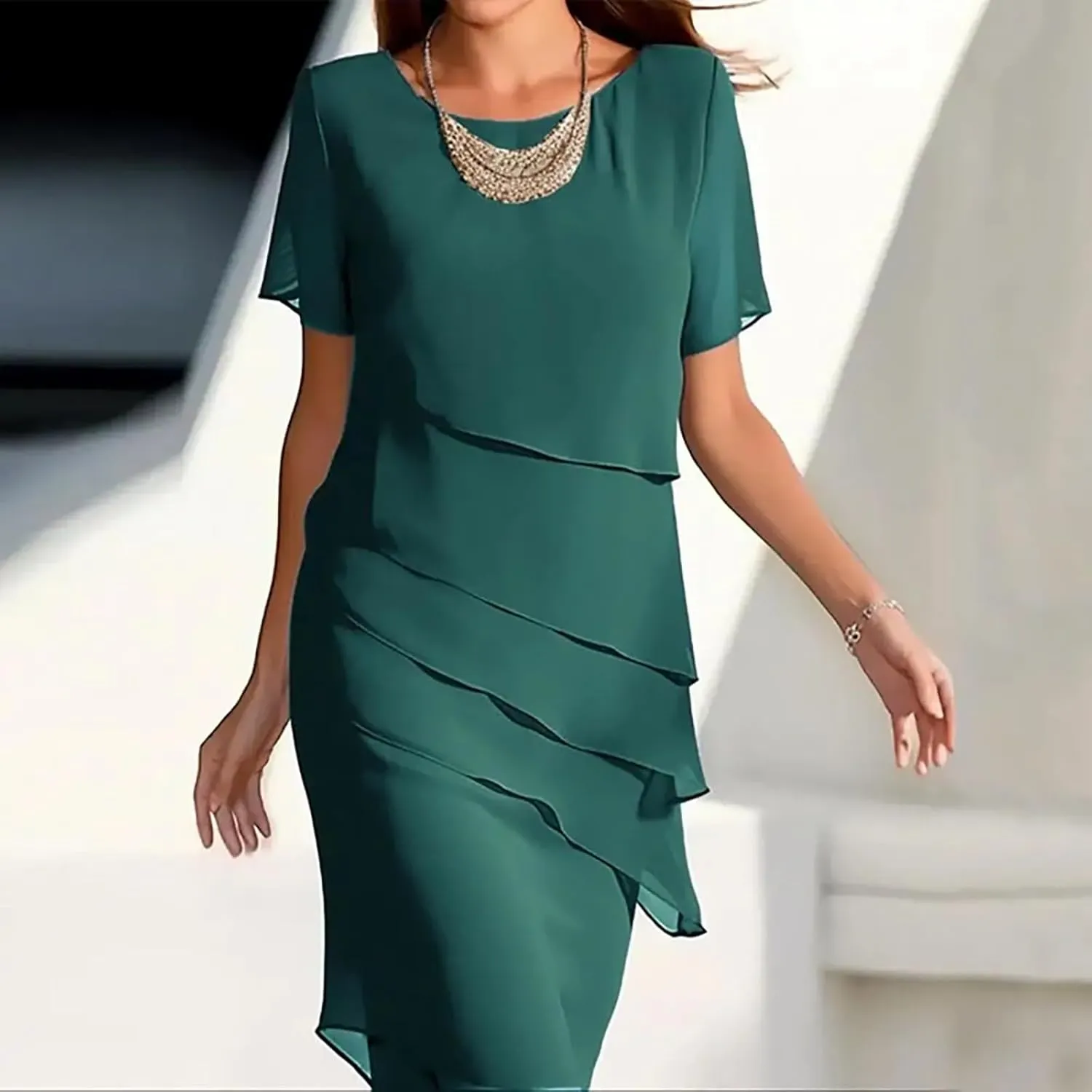 Women's Summer Dresses 2025 Elegance Round Neck Chiffon Ruffle Bodycon Cocktail Party Vacation Mini Dress for Women