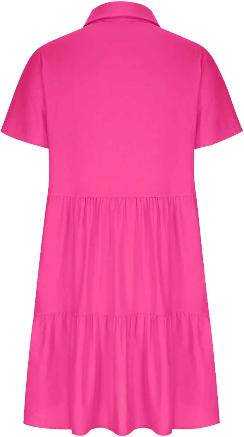 Womens Summer Shirt Dress Lapel Button Front V Neck Swing Dress Short Sleeve Boho Ruffle Baggy Mini Dresses Plus Size