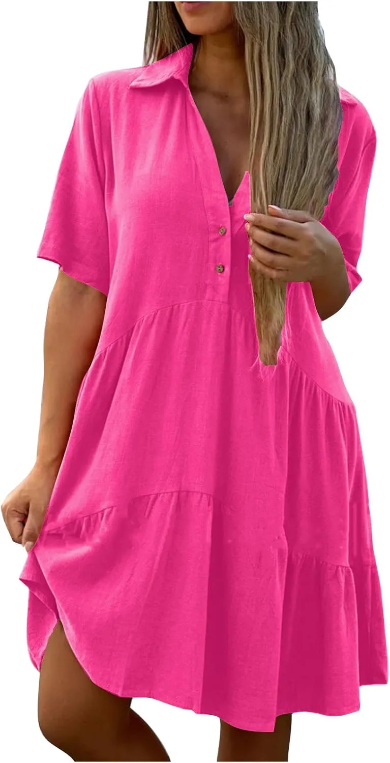 Womens Summer Shirt Dress Lapel Button Front V Neck Swing Dress Short Sleeve Boho Ruffle Baggy Mini Dresses Plus Size