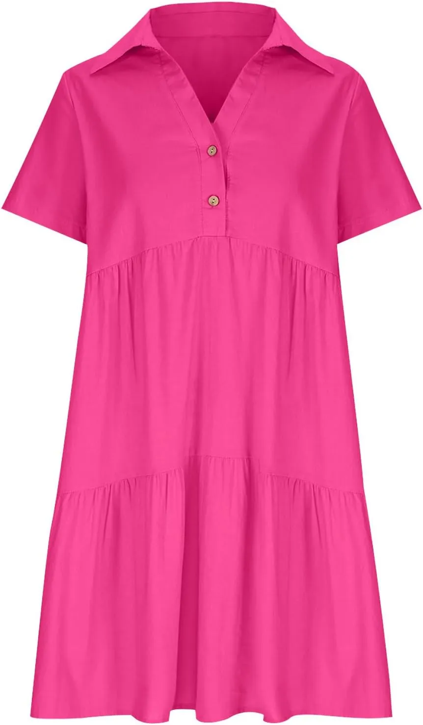 Womens Summer Shirt Dress Lapel Button Front V Neck Swing Dress Short Sleeve Boho Ruffle Baggy Mini Dresses Plus Size