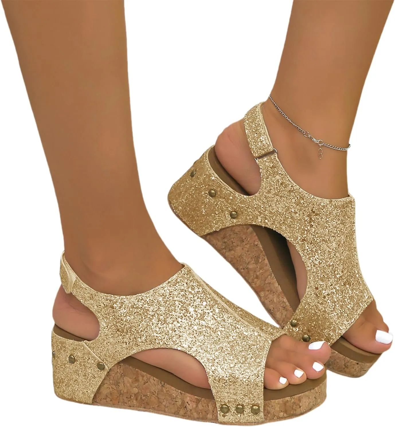 Womens Summer Shoes Dressy Casual Wedges with Buckle Ankle Strap Peep Toe Platform Arch Support Wedge Sandals Non-Slip Comfortable Orthopedic Ortho Vacation Outfits Travel Breathable Outdoor Sandal