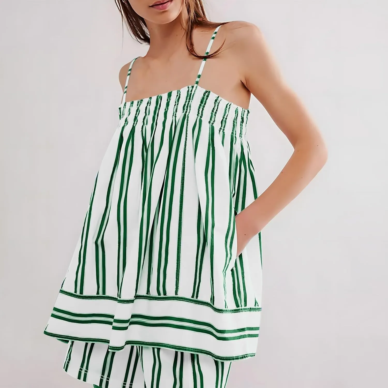 Womens Summer Tops Sleeveless Peplum Cami Top Spaghetti Strap Cute Camisole Tops Striped Color Block Casual Sleepwear