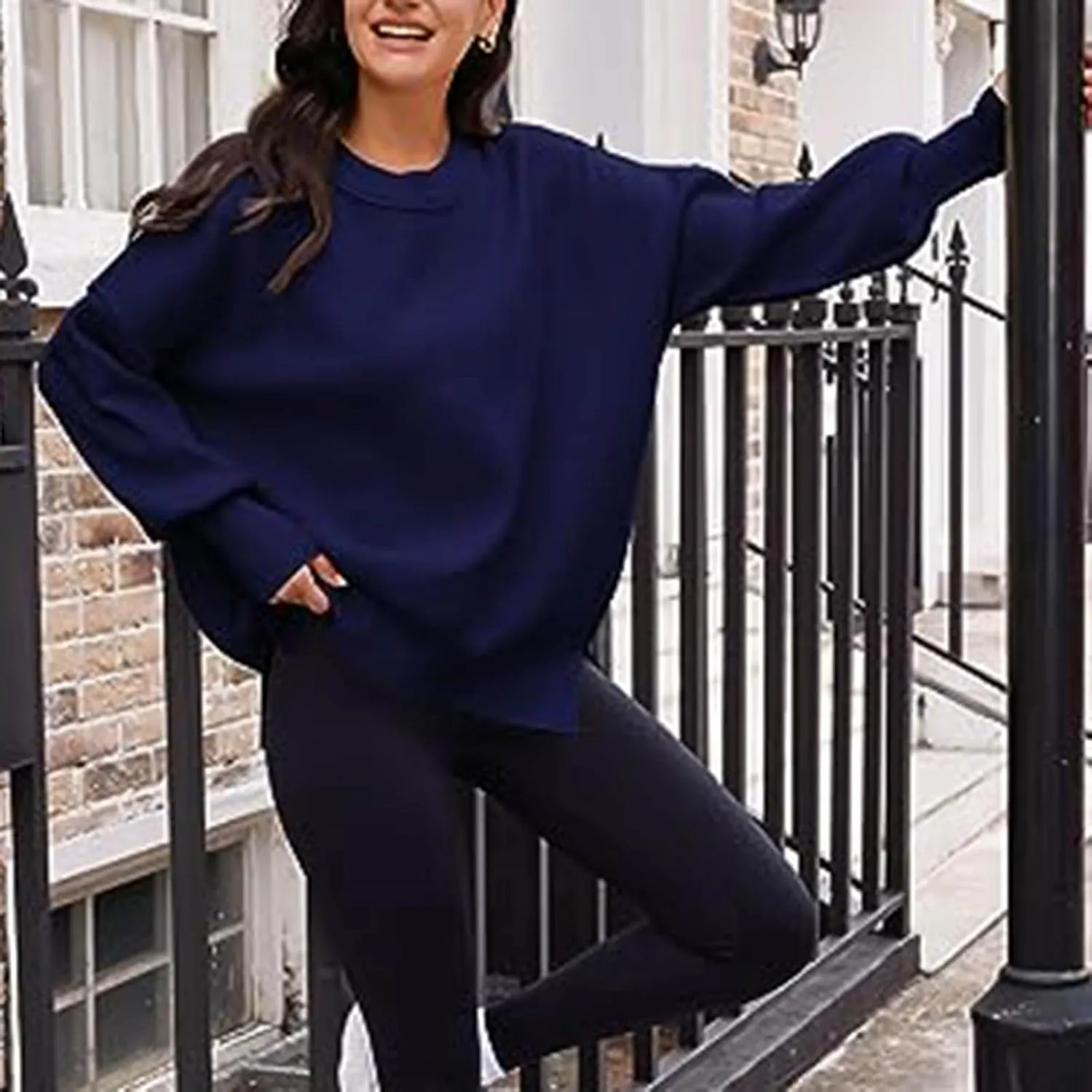 Womens Sweaters Causal Crewneck Batwing Sleeve Knit Top Side Split Oversized Pullover Sweater Loose Jumper Knitwear