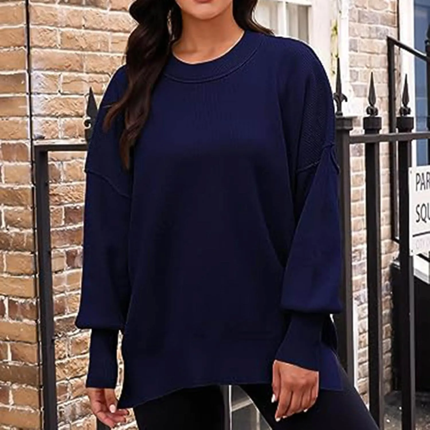 Womens Sweaters Causal Crewneck Batwing Sleeve Knit Top Side Split Oversized Pullover Sweater Loose Jumper Knitwear