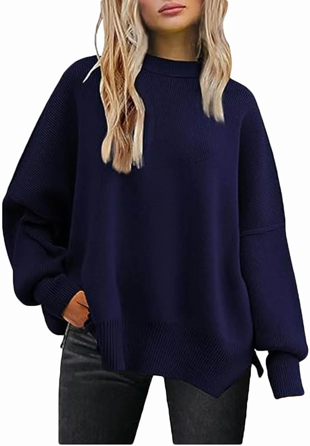Womens Sweaters Causal Crewneck Batwing Sleeve Knit Top Side Split Oversized Pullover Sweater Loose Jumper Knitwear