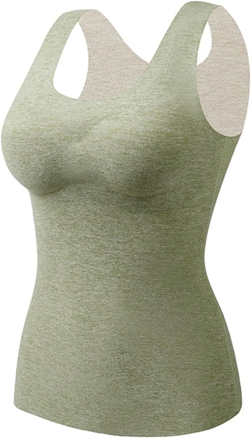 Women's Thermal Underwear Tops, Built in Bra Fleece Lined Tank Top, Basic Warm Base Layer Ultra Soft Camisole Vests