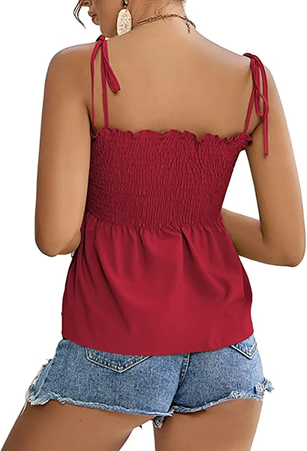 Women's Tie Shoulder Frill Shirred Ruffle Hem Tops Solid Sleeveless Strappy Cami Blouse Peplum Top