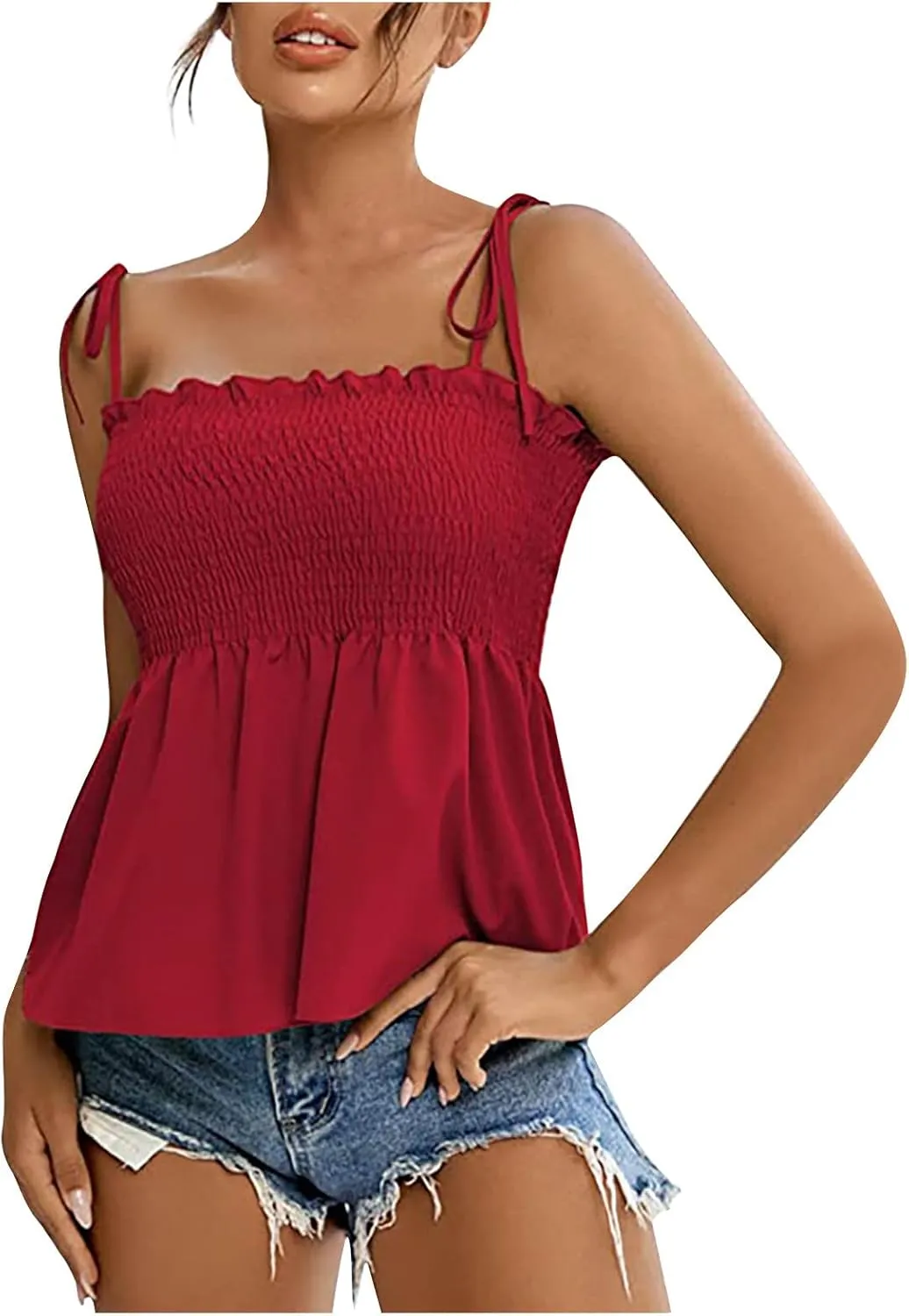 Women's Tie Shoulder Frill Shirred Ruffle Hem Tops Solid Sleeveless Strappy Cami Blouse Peplum Top