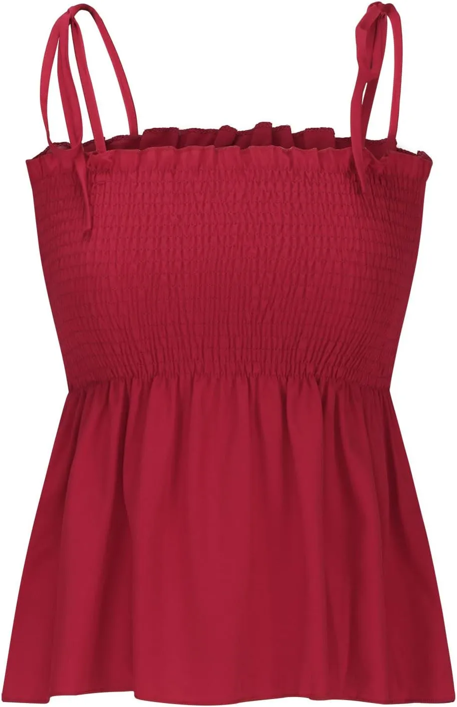 Women's Tie Shoulder Frill Shirred Ruffle Hem Tops Solid Sleeveless Strappy Cami Blouse Peplum Top