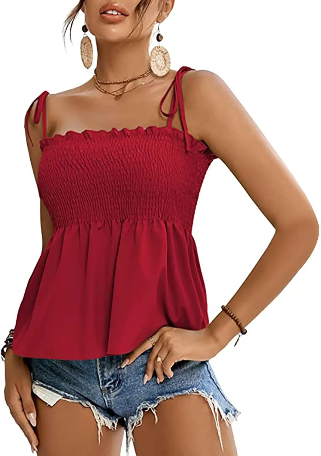 Women's Tie Shoulder Frill Shirred Ruffle Hem Tops Solid Sleeveless Strappy Cami Blouse Peplum Top