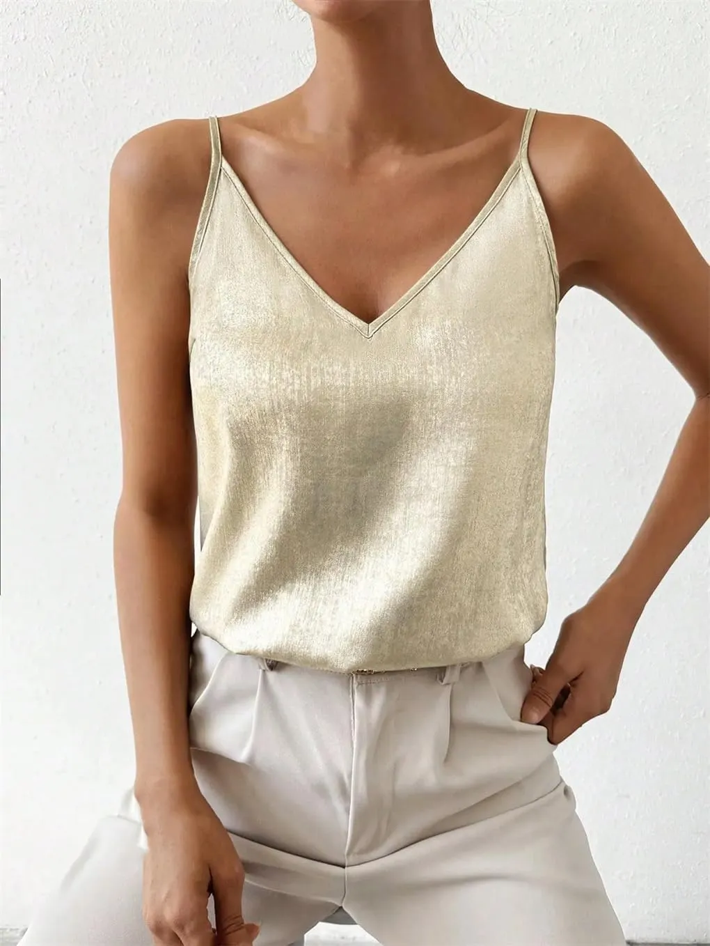Women's V-Neck Solid Color Casual Satin Tie-Dye Camisole Top