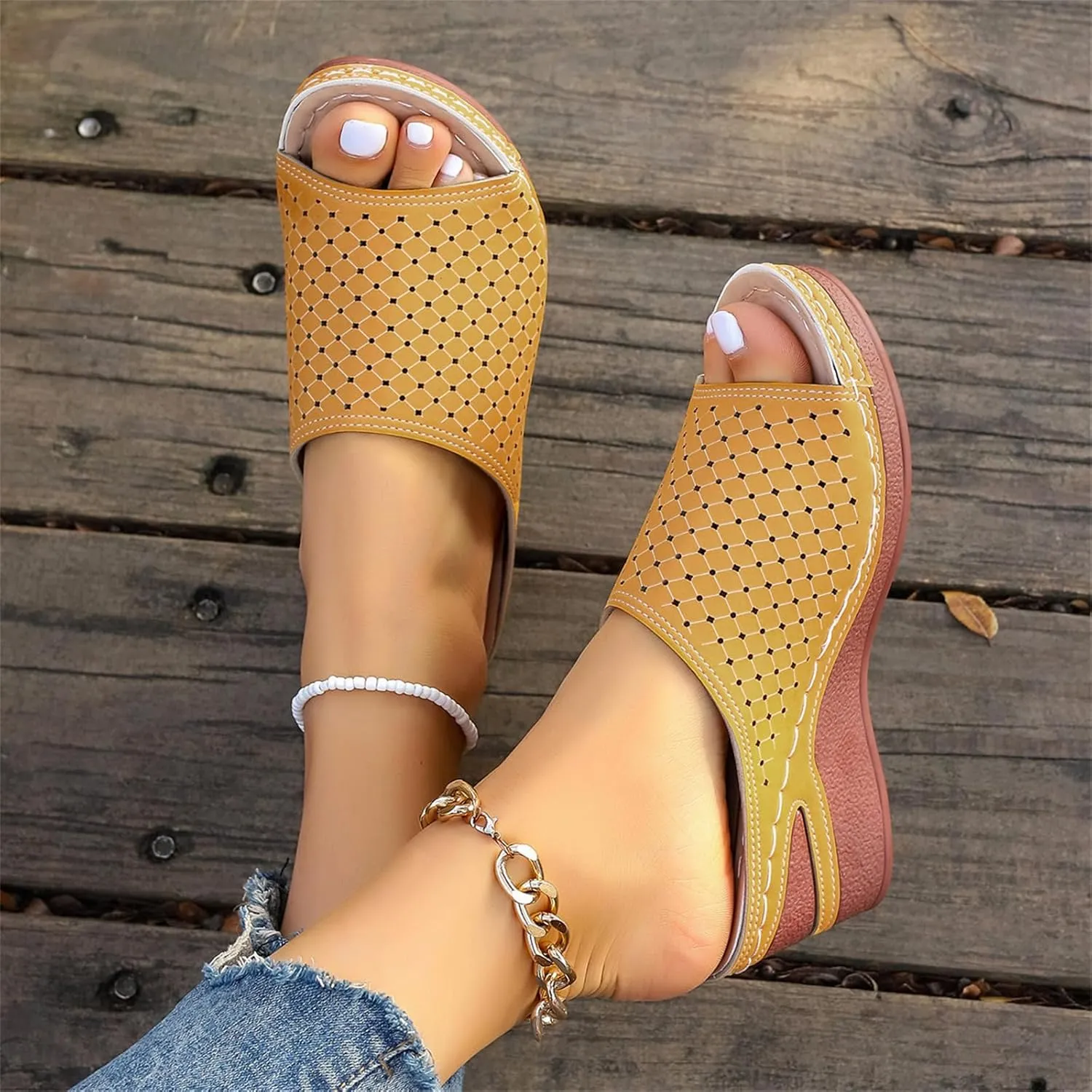 Women's Wedge Open Toe Orthopedic Sandals with Arch-Support Hollow-Out Platform Slip-on Fish Mouth Summer Casual Non Slip Walking Beach Shoes On Bohemian Platforms PU Leather Dressy