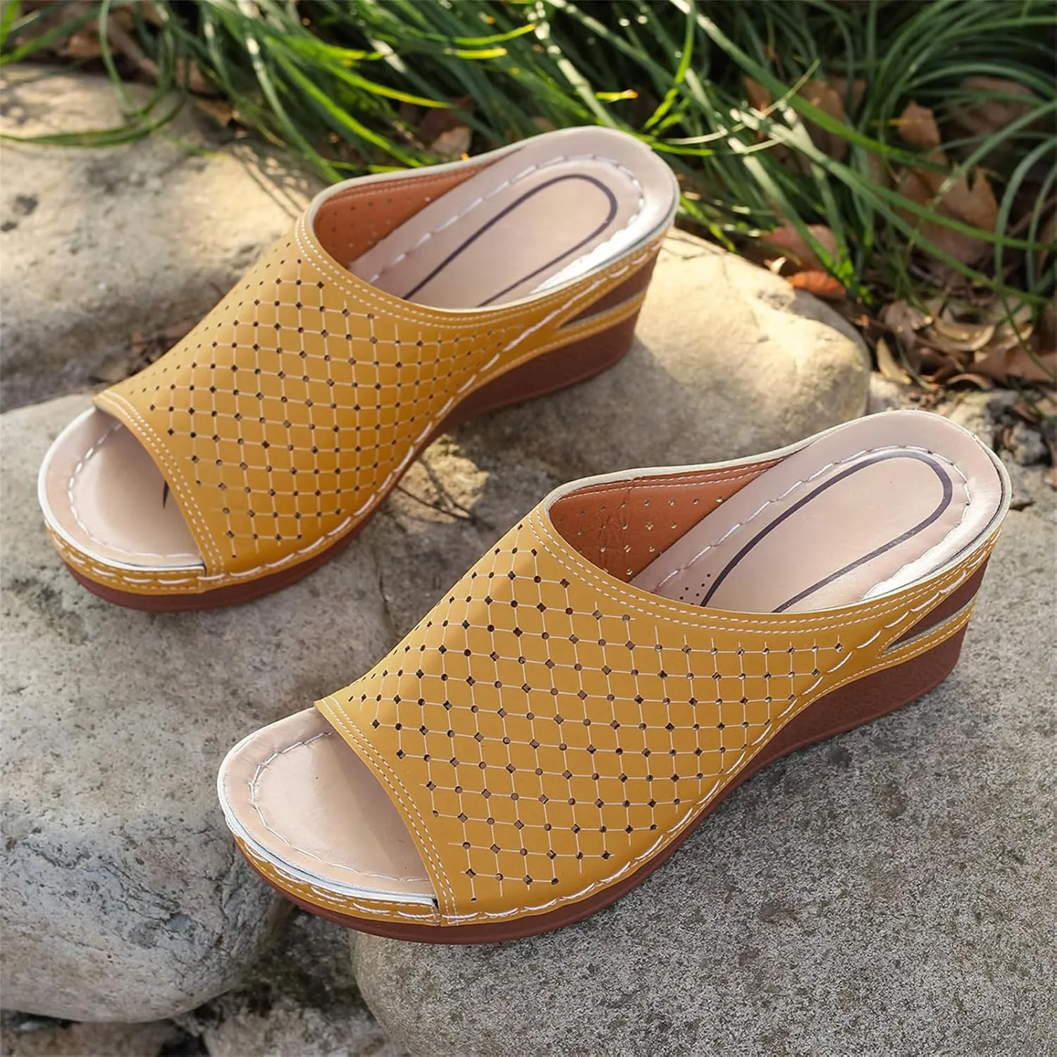 Women's Wedge Open Toe Orthopedic Sandals with Arch-Support Hollow-Out Platform Slip-on Fish Mouth Summer Casual Non Slip Walking Beach Shoes On Bohemian Platforms PU Leather Dressy