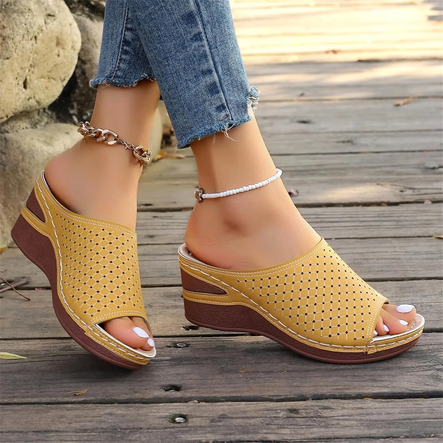 Women's Wedge Open Toe Orthopedic Sandals with Arch-Support Hollow-Out Platform Slip-on Fish Mouth Summer Casual Non Slip Walking Beach Shoes On Bohemian Platforms PU Leather Dressy