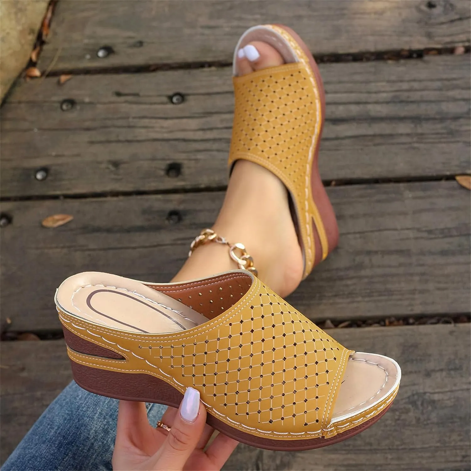 Women's Wedge Open Toe Orthopedic Sandals with Arch-Support Hollow-Out Platform Slip-on Fish Mouth Summer Casual Non Slip Walking Beach Shoes On Bohemian Platforms PU Leather Dressy