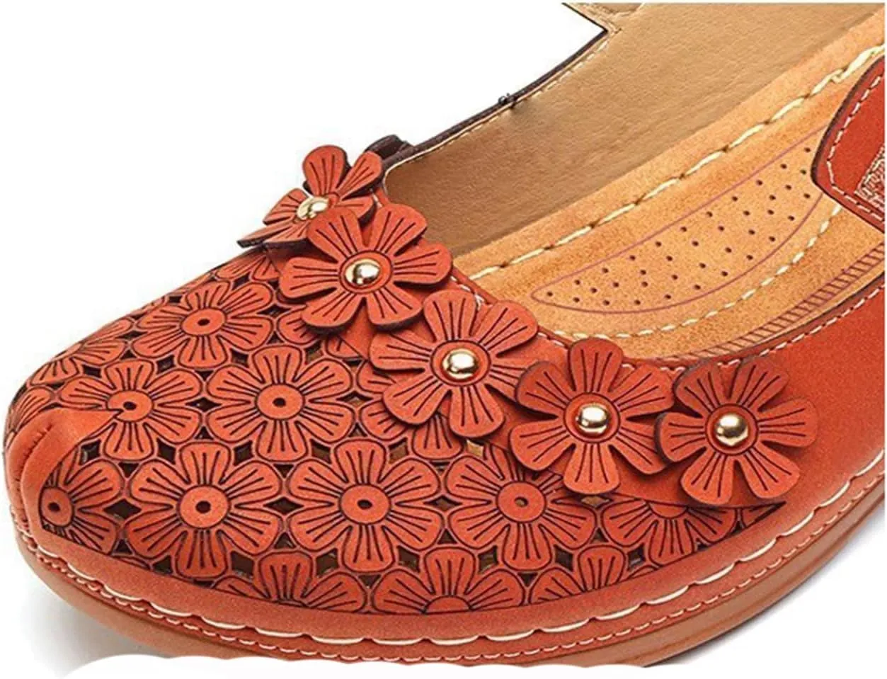 Womens Wedge Sandals Orthopedic Round Head Slip on Arch Support Hollow Out Breathable Close Toe Floral Decor Elegant Casual Slippers Comfortable Outdoor Walking Clogs