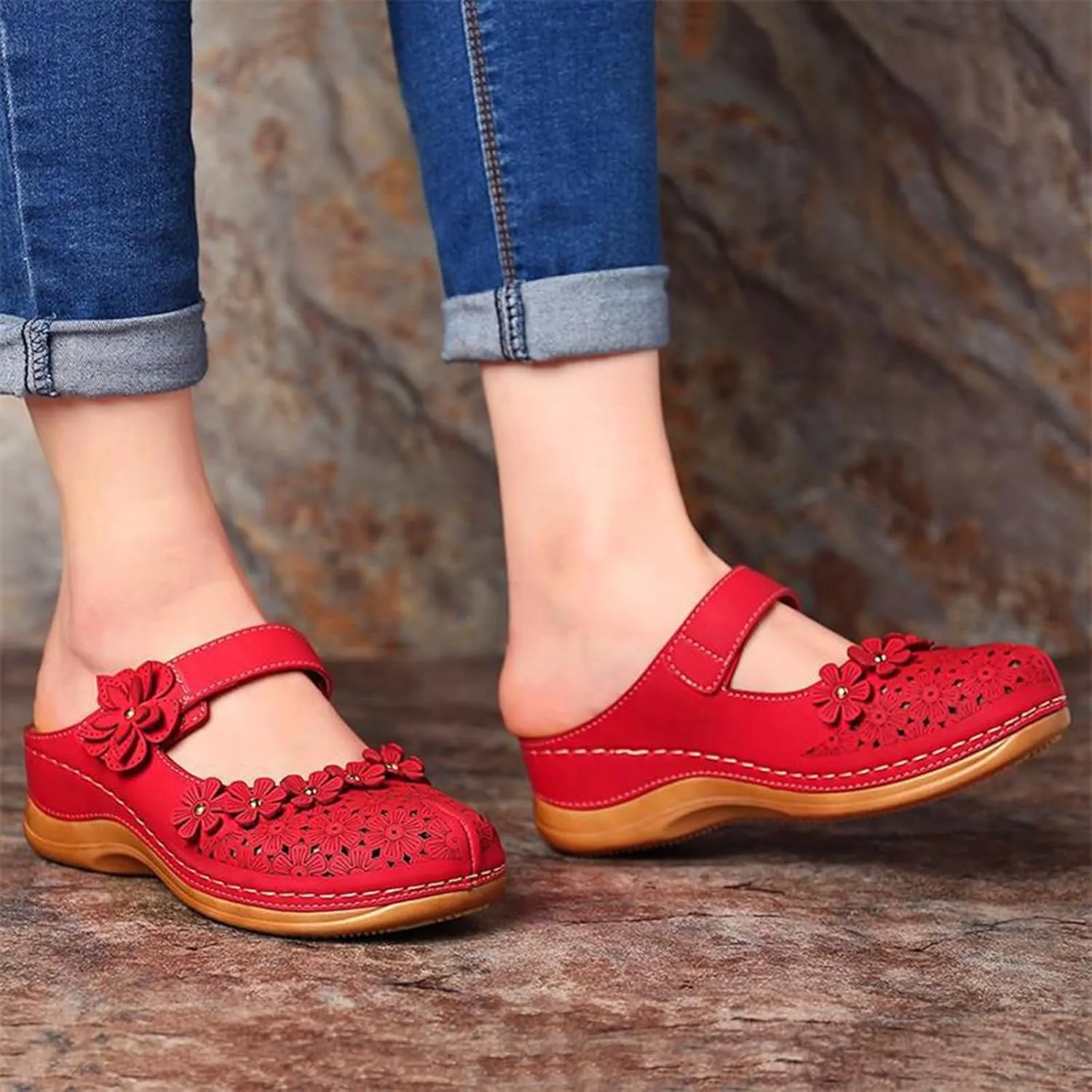 Womens Wedge Sandals Orthopedic Round Head Slip on Arch Support Hollow Out Breathable Close Toe Floral Decor Elegant Casual Slippers Comfortable Outdoor Walking Clogs