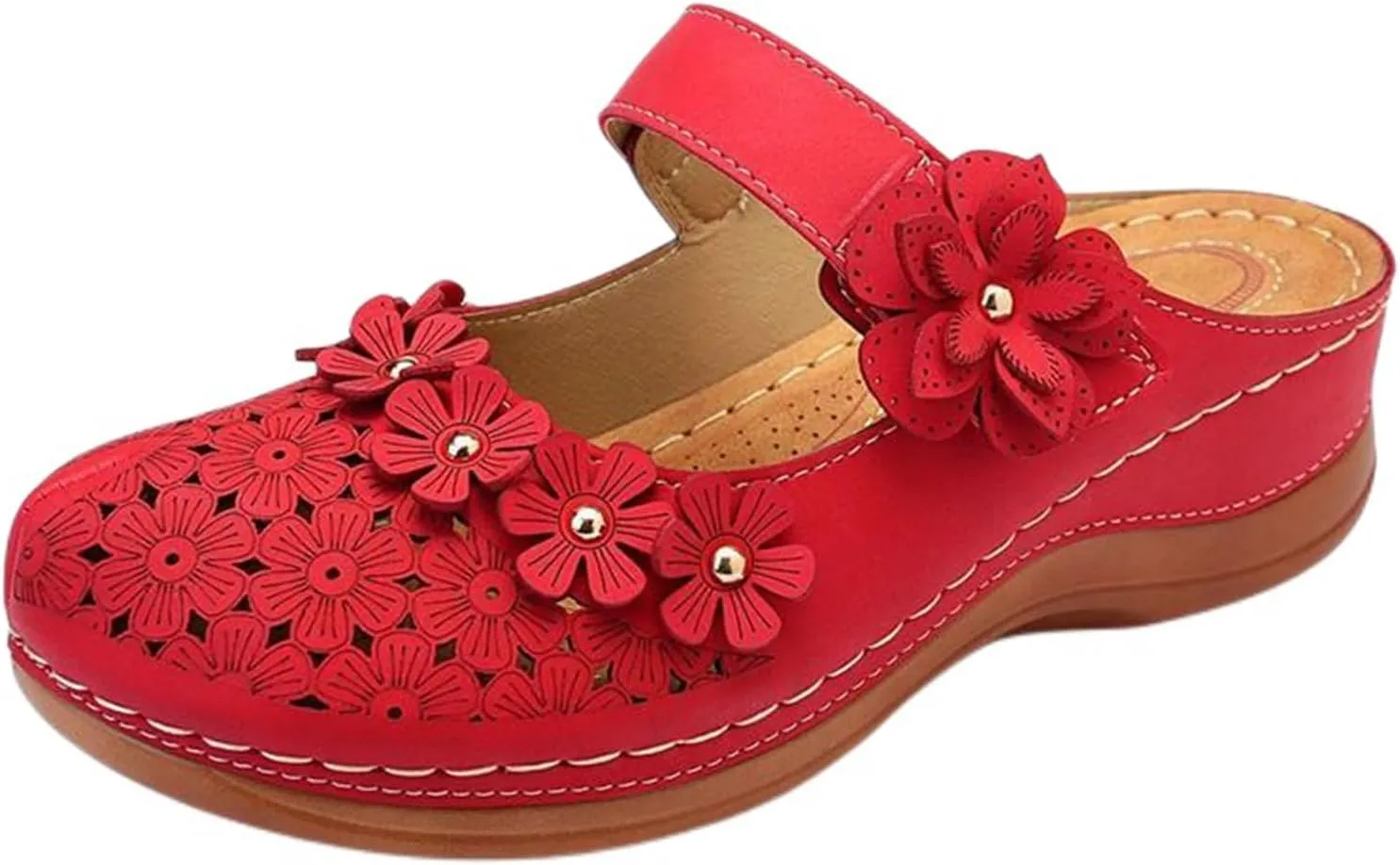 Womens Wedge Sandals Orthopedic Round Head Slip on Arch Support Hollow Out Breathable Close Toe Floral Decor Elegant Casual Slippers Comfortable Outdoor Walking Clogs
