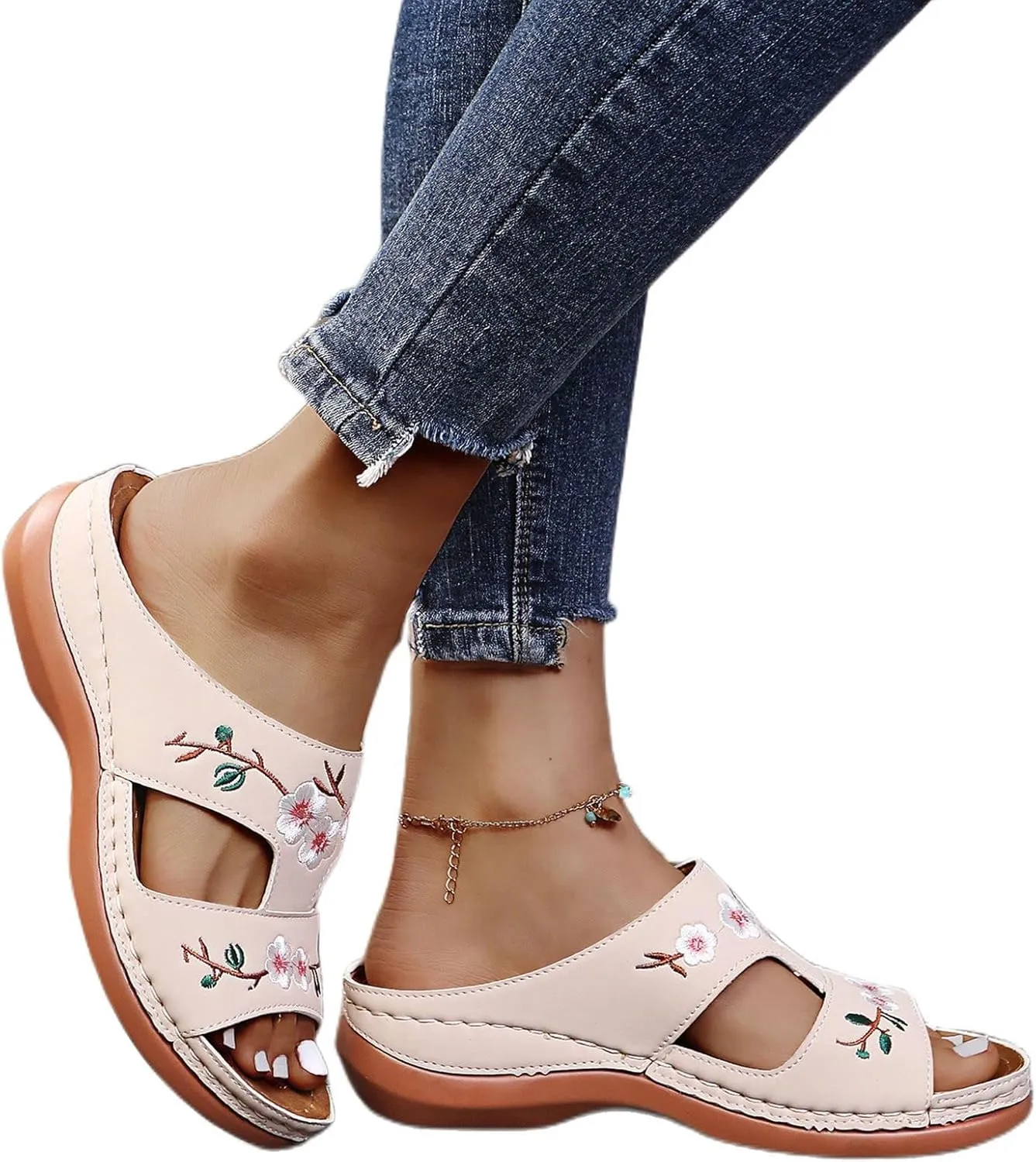 Womens Wedge Sandals Summer Dressy Open Toe Embroidered Wedges, Comfortable Walking Low Sandals Casual Slip on Orthopedic Sandal Slippers All Day Comfort