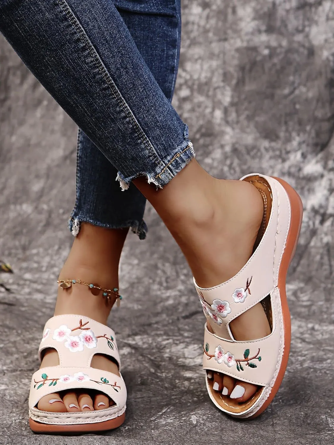 Womens Wedge Sandals Summer Dressy Open Toe Embroidered Wedges, Comfortable Walking Low Sandals Casual Slip on Orthopedic Sandal Slippers All Day Comfort