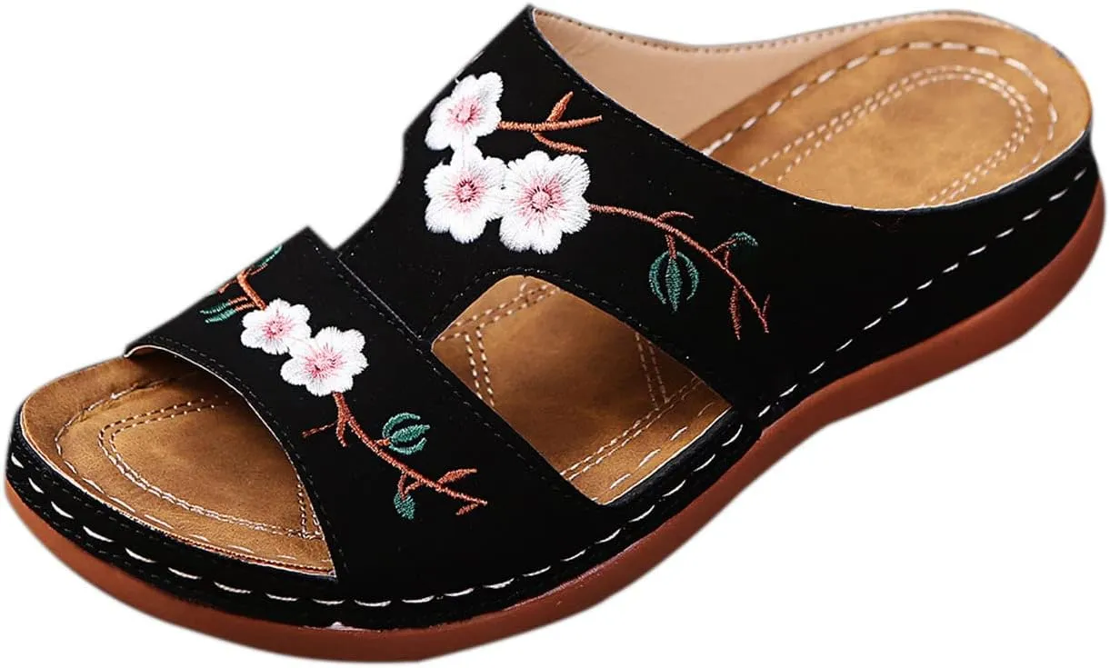 Womens Wedge Sandals Summer Dressy Open Toe Embroidered Wedges, Comfortable Walking Low Sandals Casual Slip on Orthopedic Sandal Slippers All Day Comfort