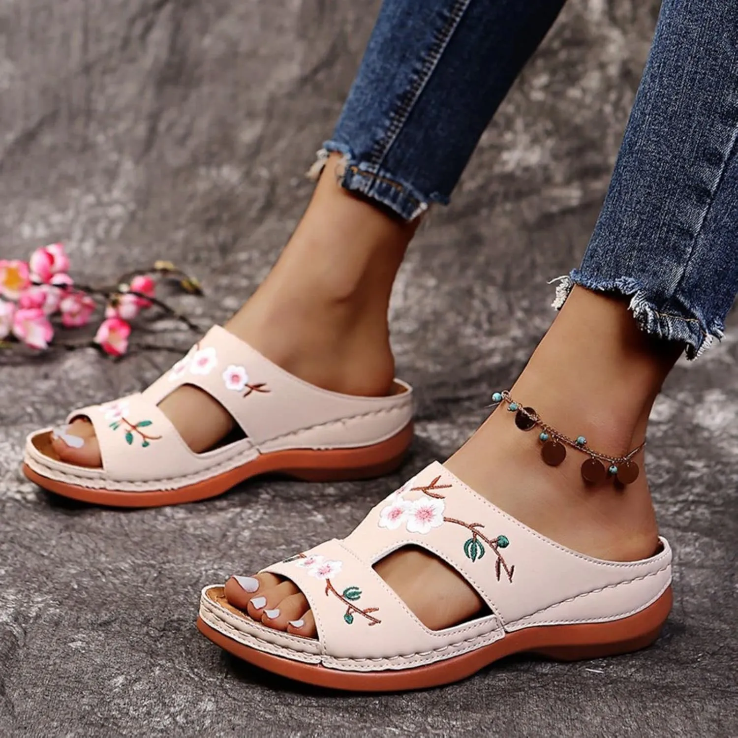 Womens Wedge Sandals Summer Dressy Open Toe Embroidered Wedges, Comfortable Walking Low Sandals Casual Slip on Orthopedic Sandal Slippers All Day Comfort